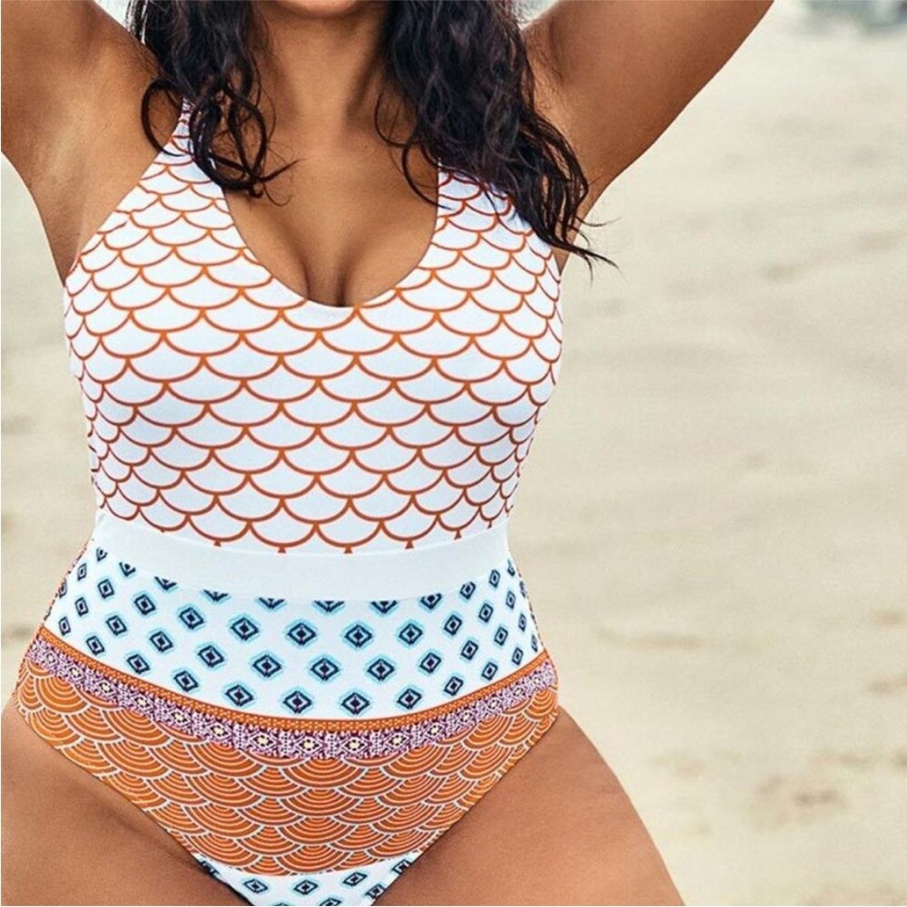 Cupshe Orange White Ocean Scales Halter One Piece Swim Swimsuit Size 2XL